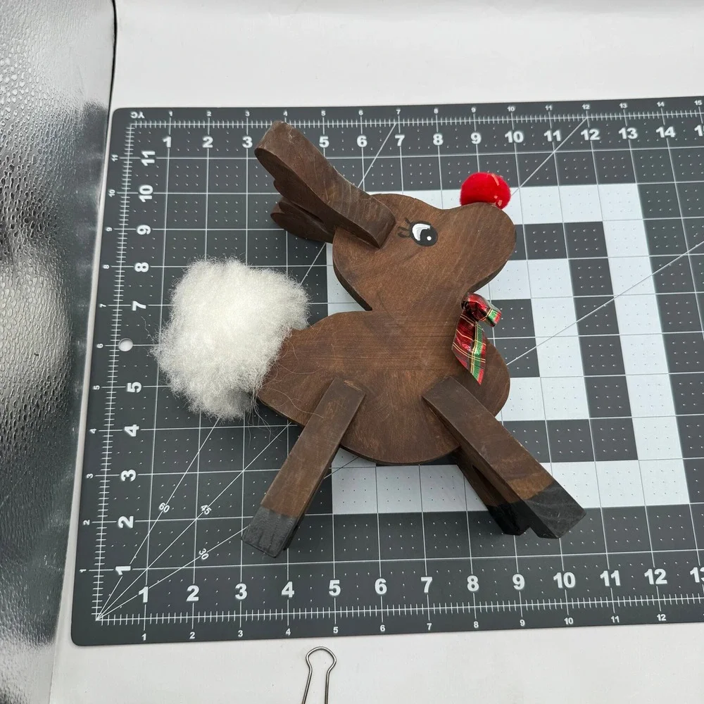Wooden Standing Reindeer Christmas Decor Small Brown Plaid Bow Folk Art